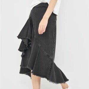 Zara Black Ruffle Midi Denim Skirt
